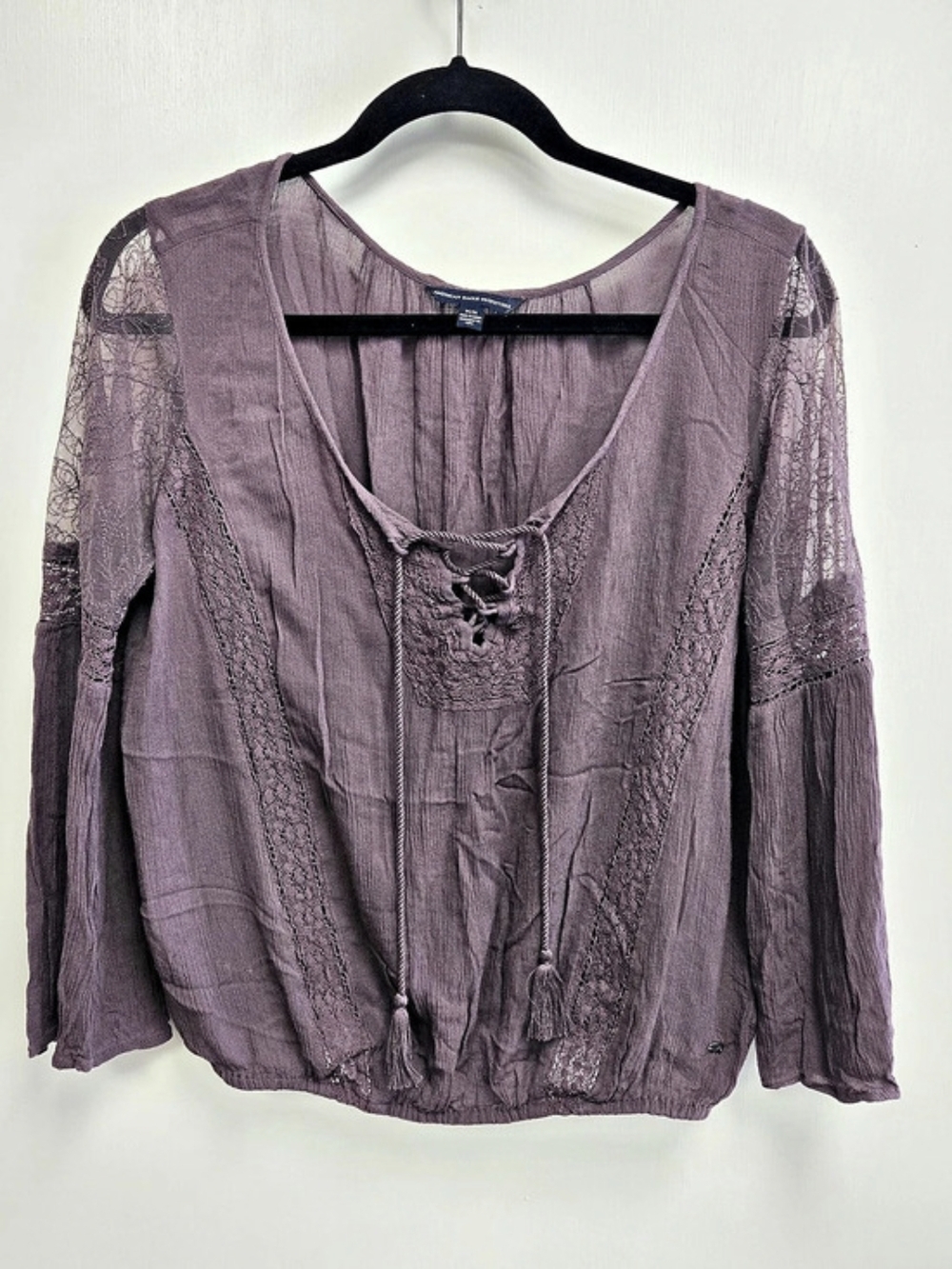 American Eagle Outfitters Lace-Up Peasant Blouse in Purple Size Medium